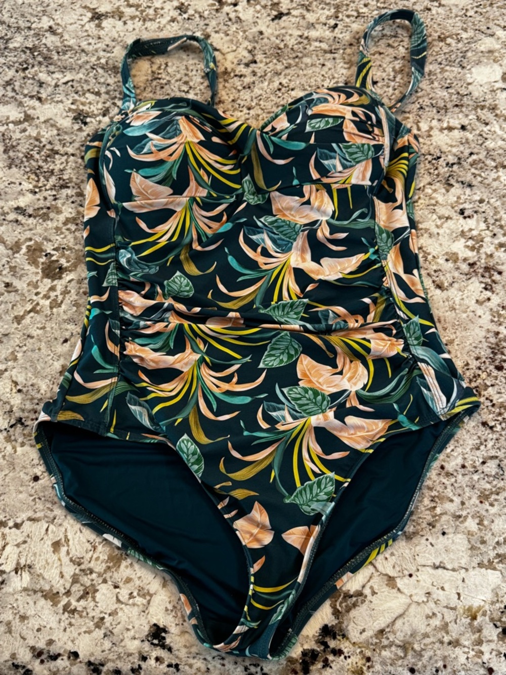 Tropical Leaf Print One-Piece Swimsuit in Dark Green and Peach